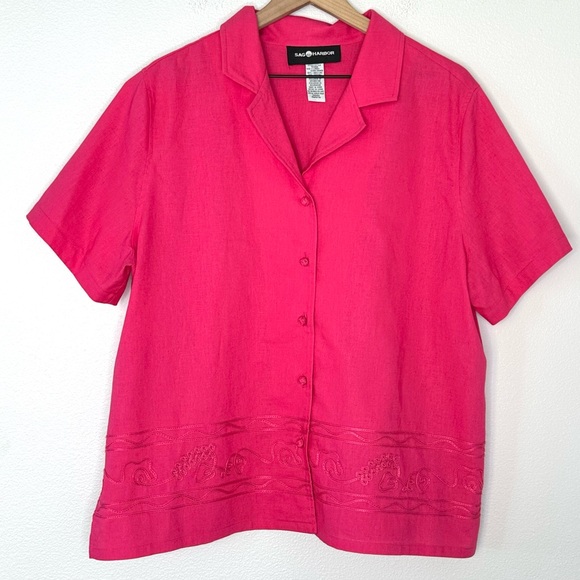 Vintage Sag Harbor Linen Blend Button Down Top Sz L Pink Embroidered Coastal - Picture 1 of 11